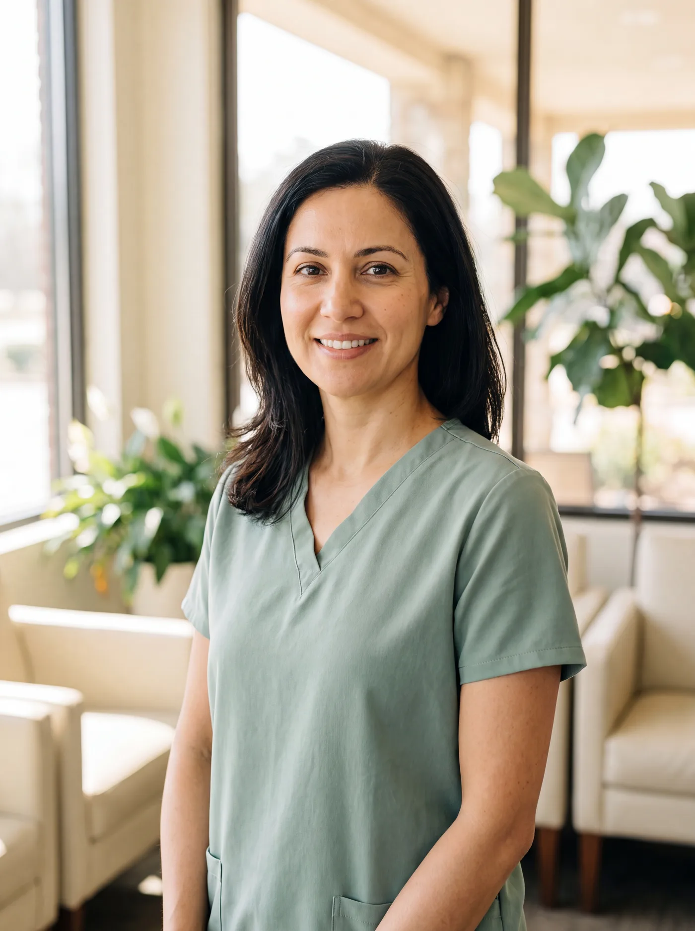 A warm, smiling clinician in a sunlit clinic