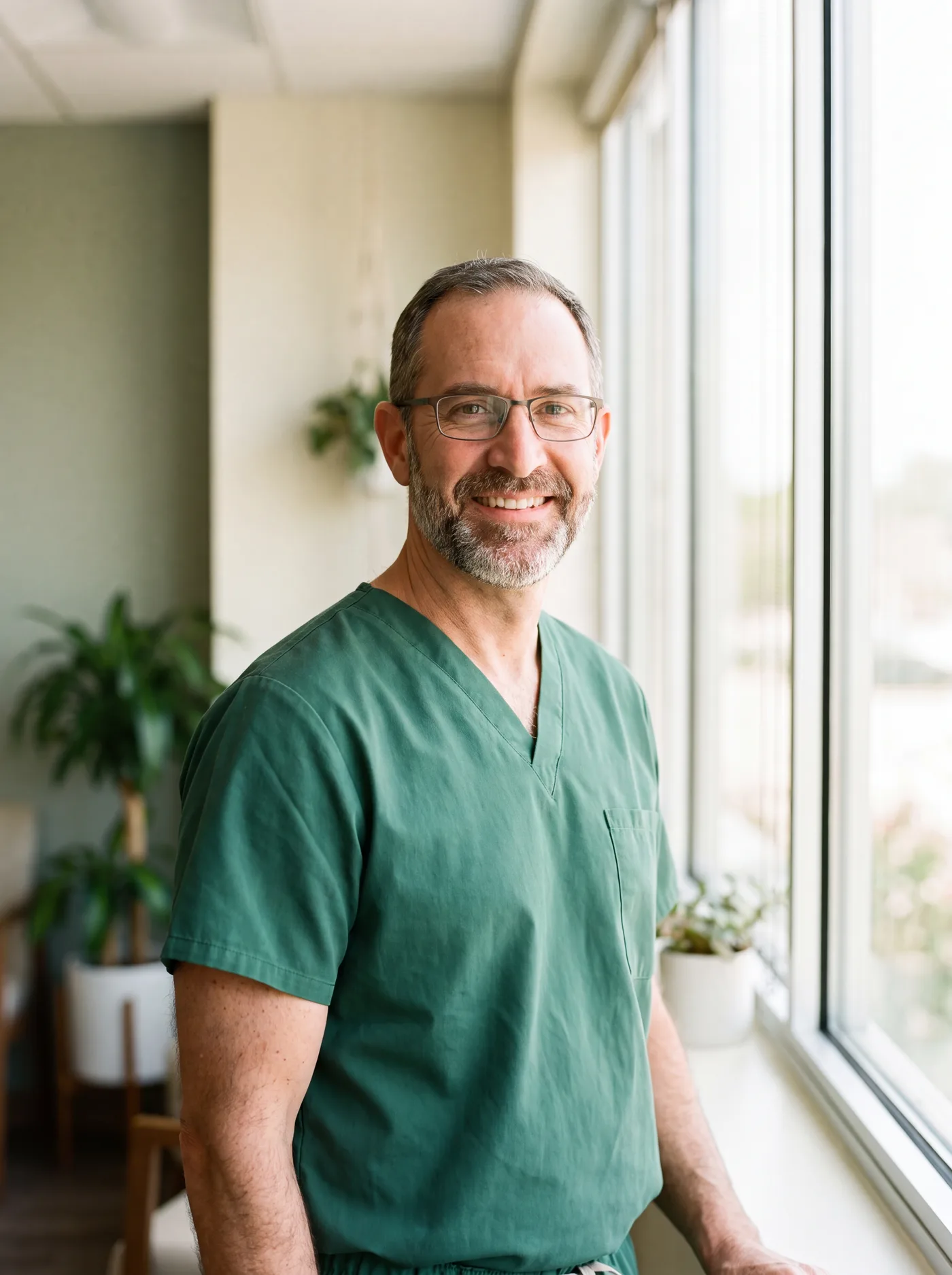 A reassuring clinician in a sunlit clinic