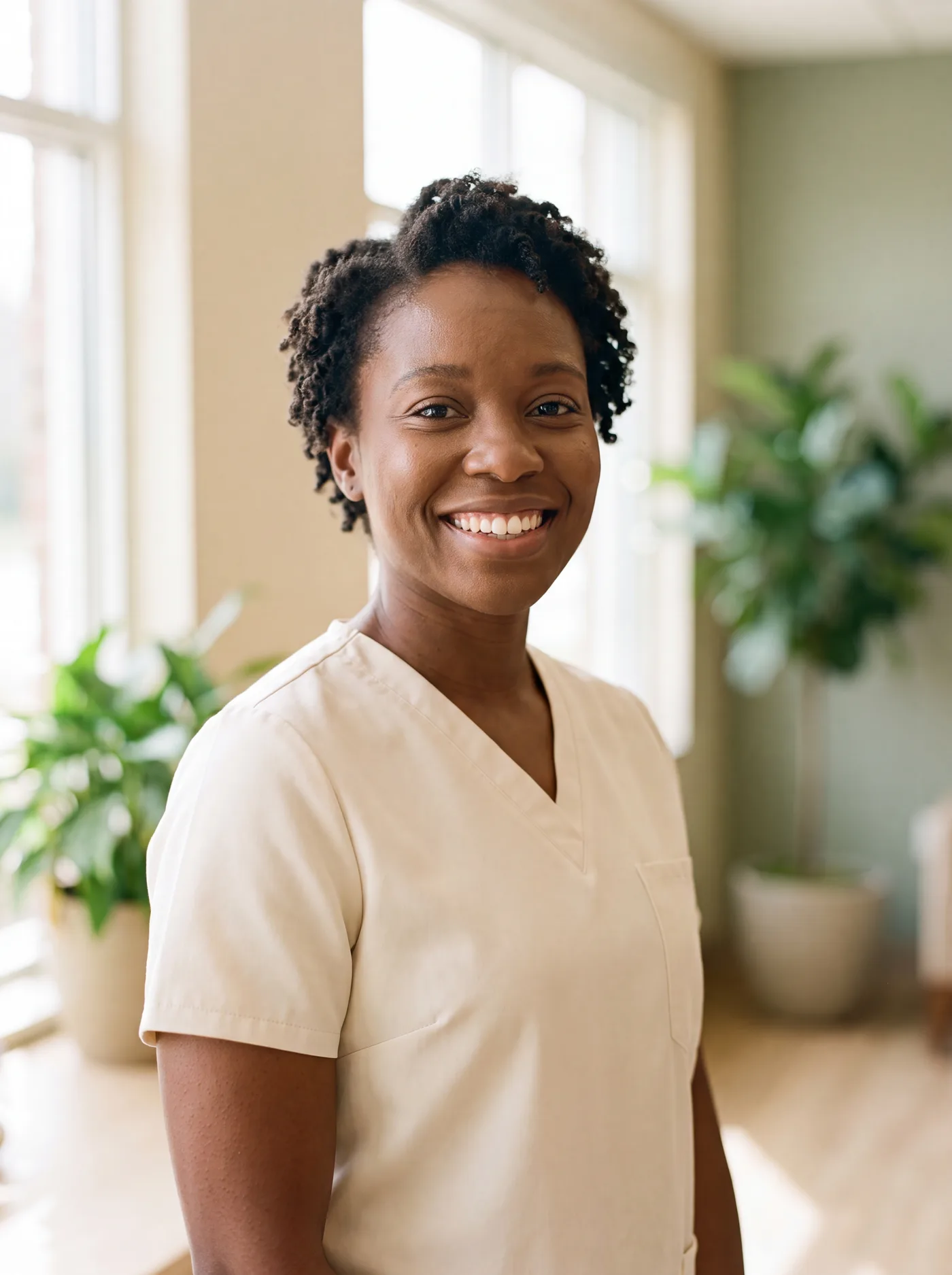 A friendly nurse practitioner in a sunlit clinic