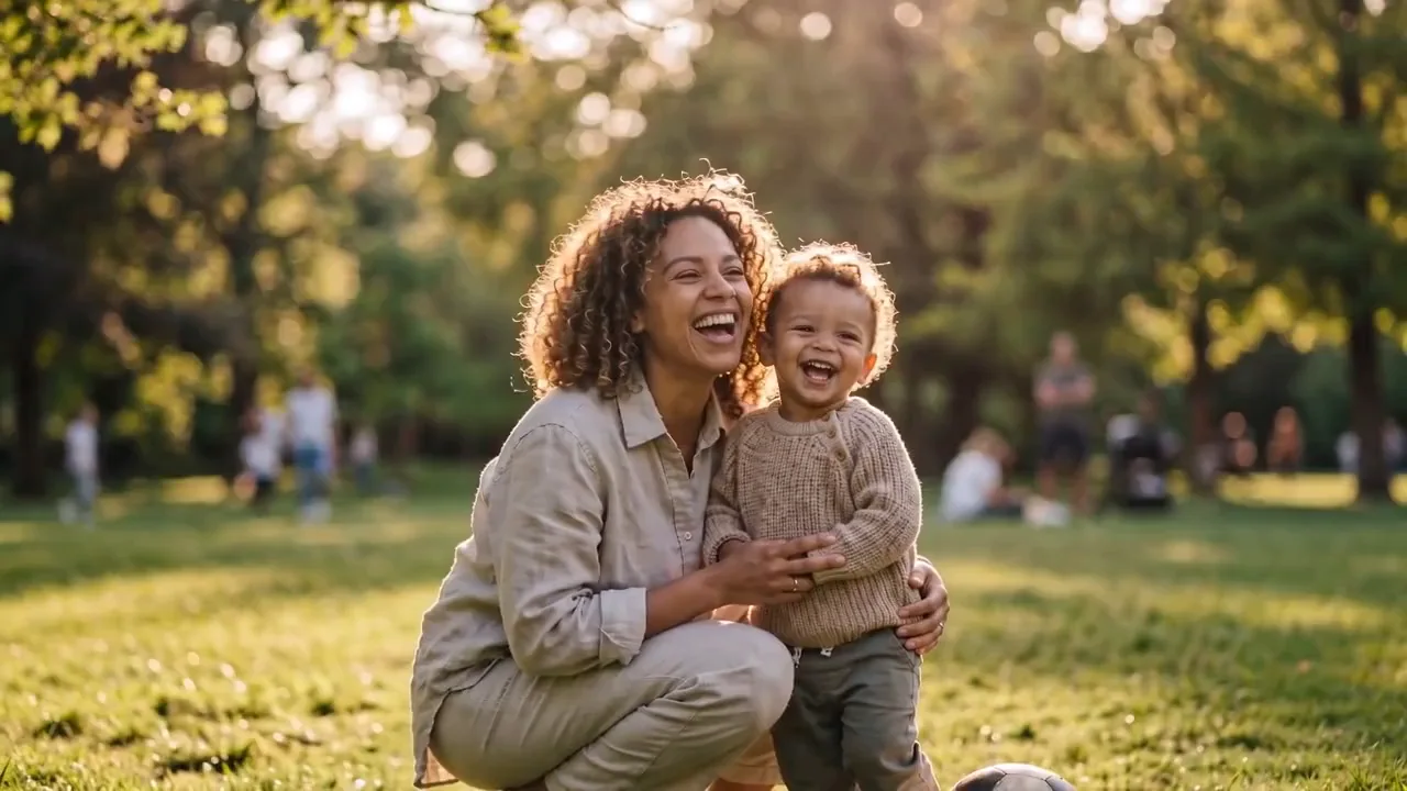 A mother laughing with her toddler in warm, natural light
