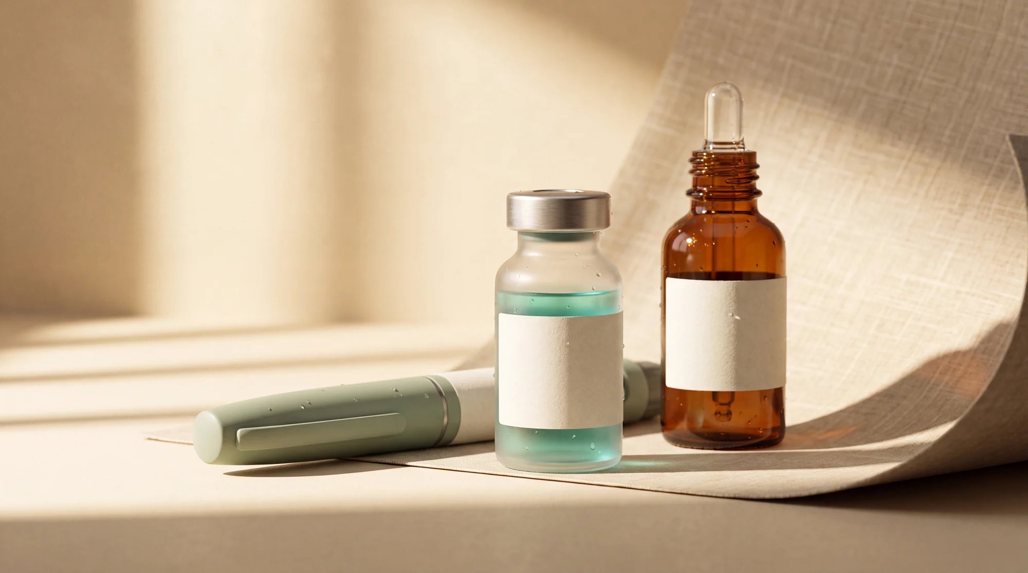 Medlly compounded medication family: a dropper bottle, a single-dose vial, and an auto-injector pen on a warm studio sweep