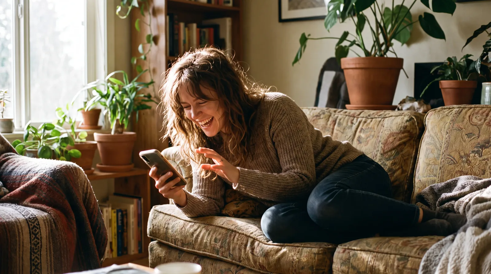 A woman laughing at home while starting an online visit on her phone