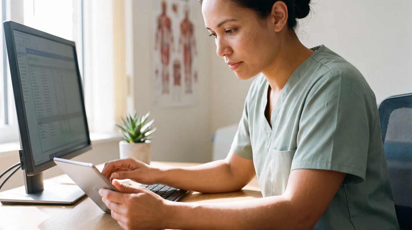 A clinician reviewing patient information at her desk in a clinical office