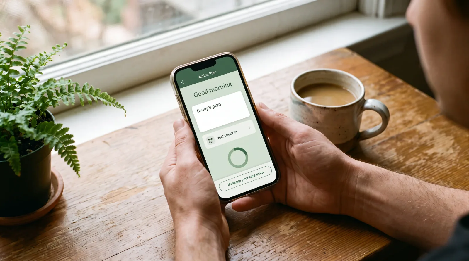 Hands holding a phone showing a personalized care plan, beside a morning coffee