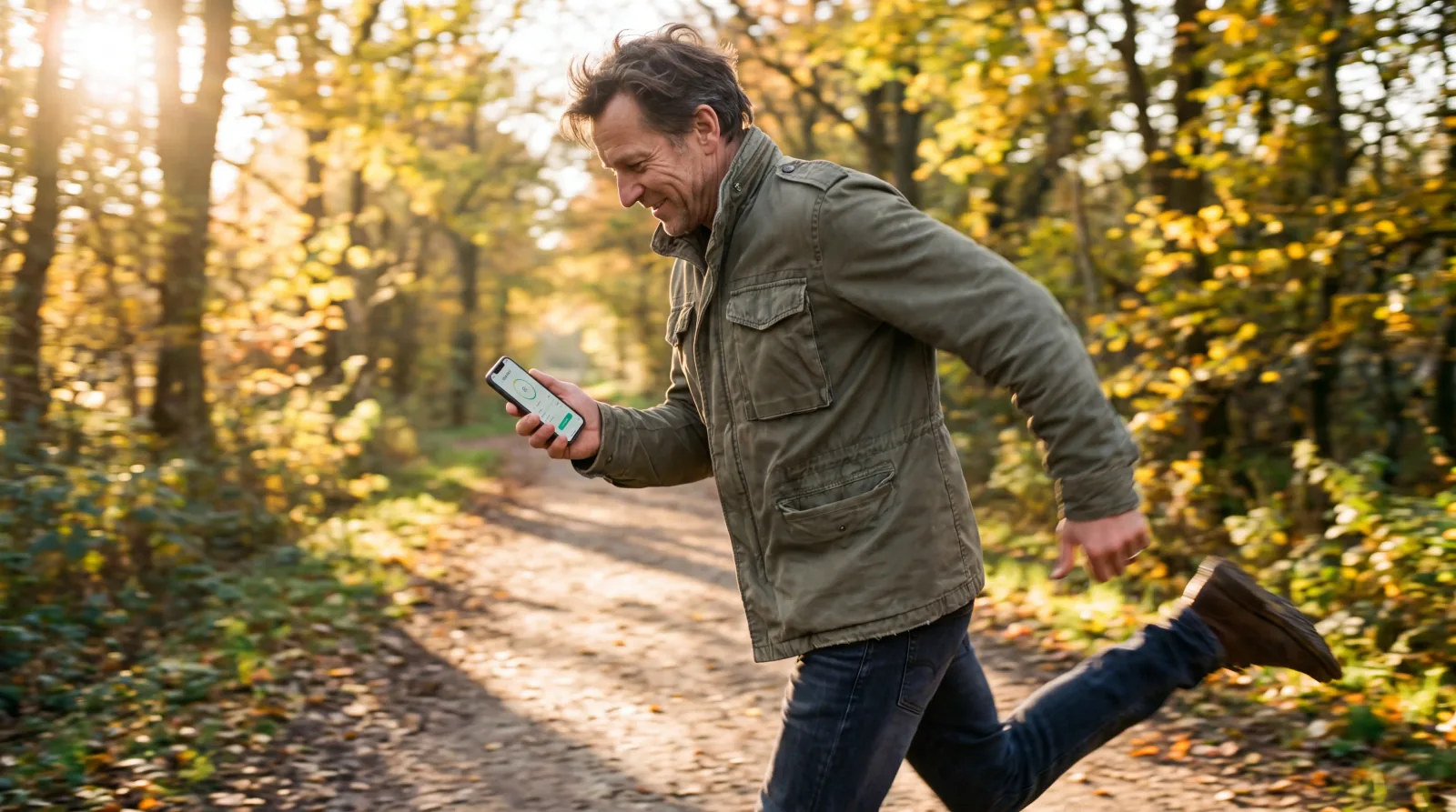 A man on the move outdoors, glancing at his care plan on his phone